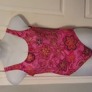 Catalina Plus Size 1X(16W) Pink Floral Ribbed Onepiece Swimsuit